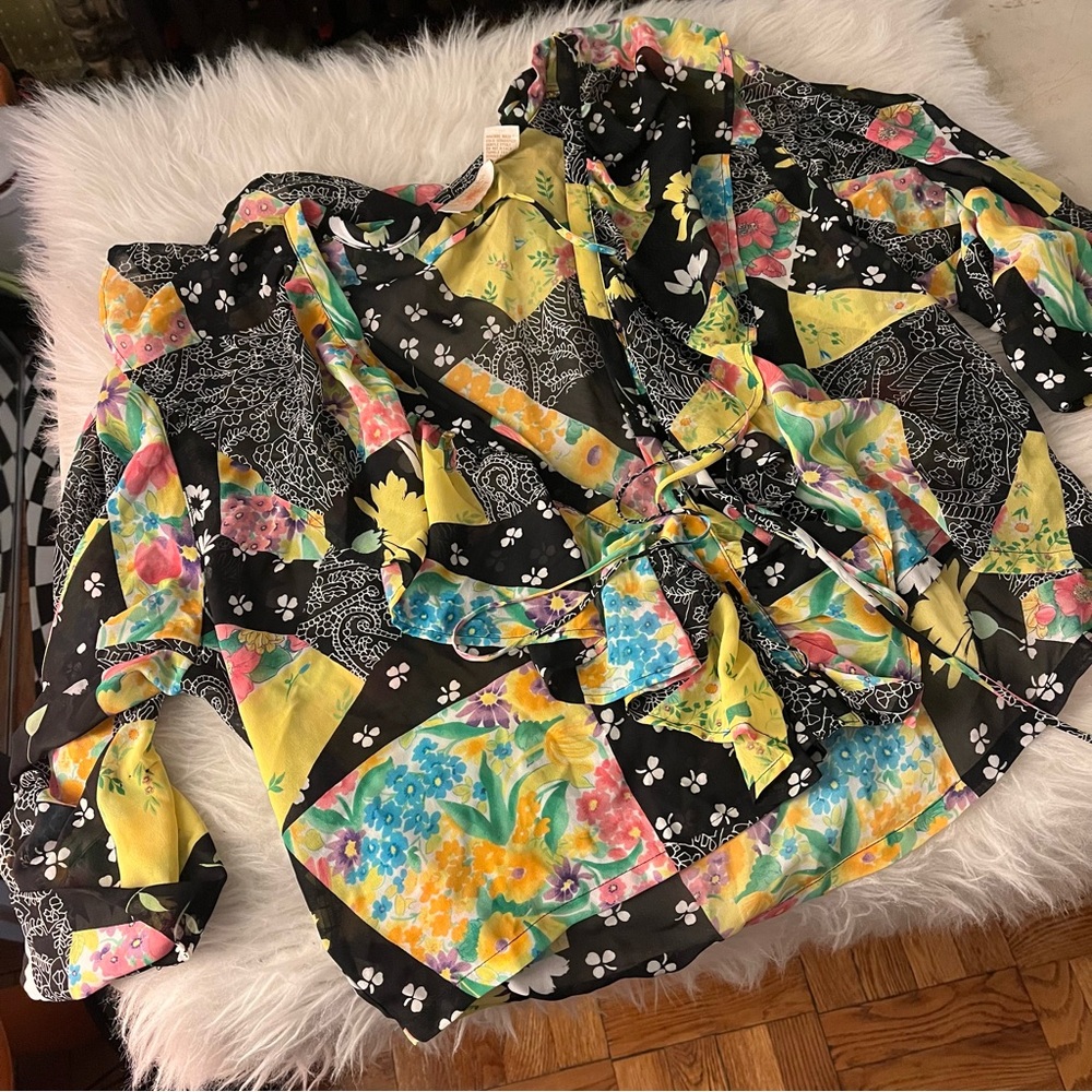 Vintage Gold Label Victoria's Secret Black and Yellow Floral Top Maximalist